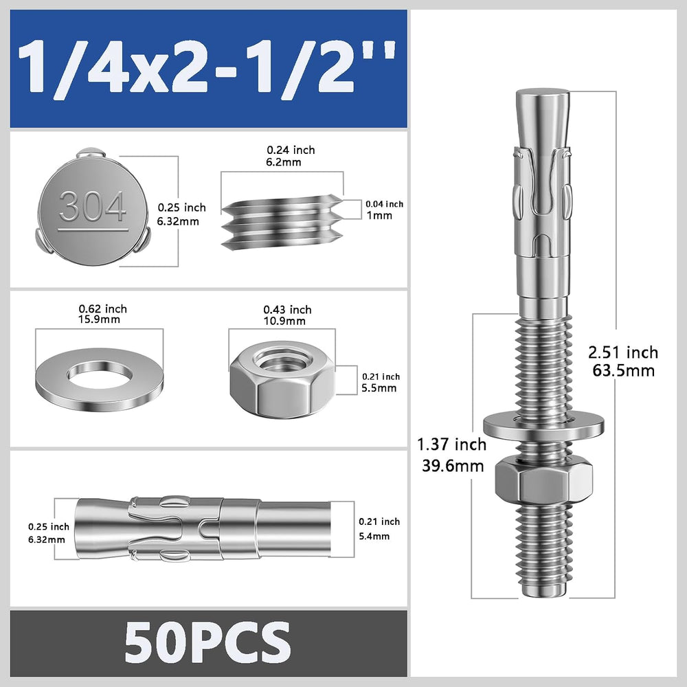 Wensilon 50Pcs 1/4x2-1/2 Inch Standard Fasteners for Heavy-Duty 304 Stainless...