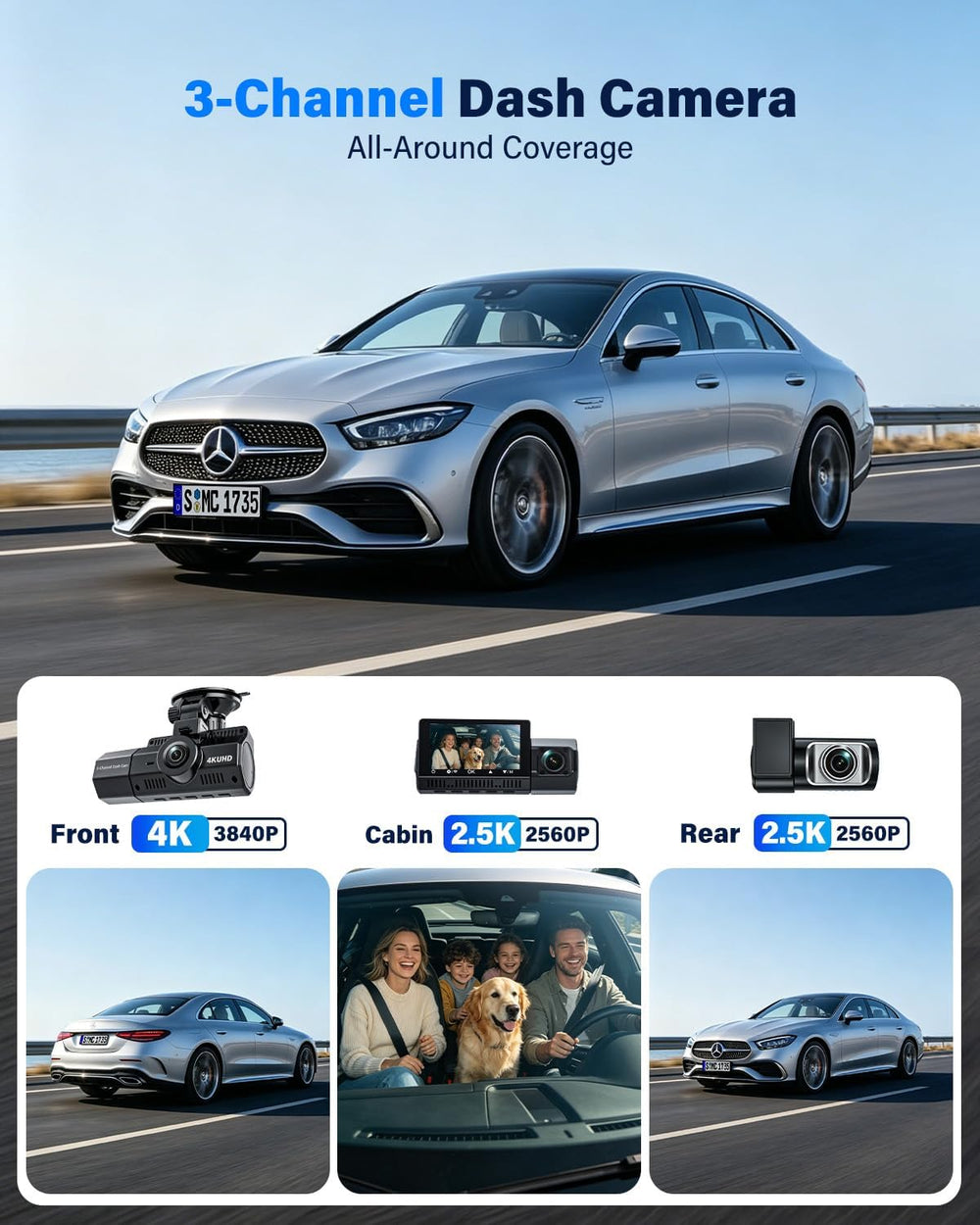 3 Channel Dash Cam, 4K+2.5K+2.5K, WiFi GPS, for Rideshare and Taxi