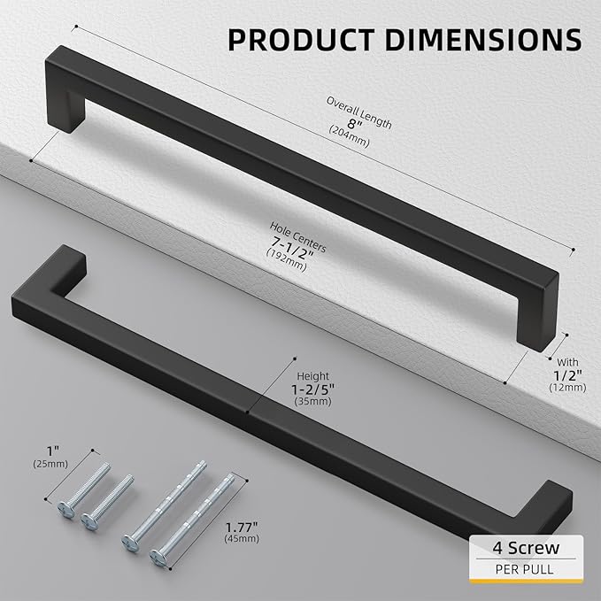goldenwarm 35 Pack 7-1/2in Black Square Bar Cabinet Pull Drawer Handle