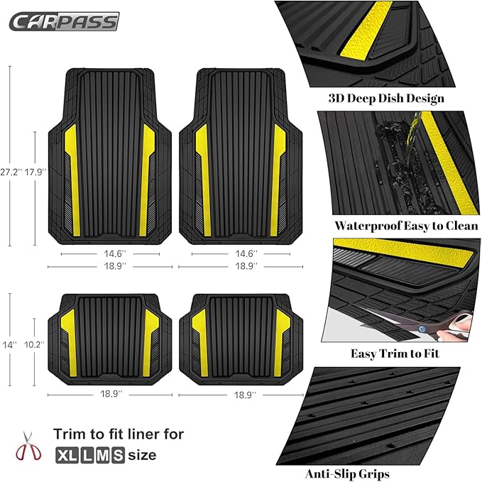 CAR PASS Yellow Car Mats Metallic, Aluminum Film All Weather Rubber Lemon (4 ...