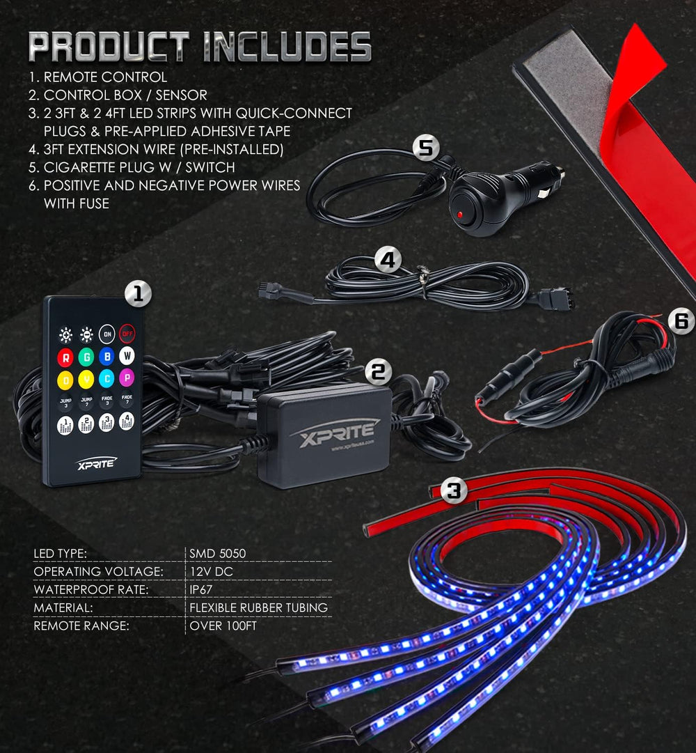 Xprite Car Underglow Neon Accent Strip Lights, 4Pcs RGB 252 LEDs Underglow Ki...