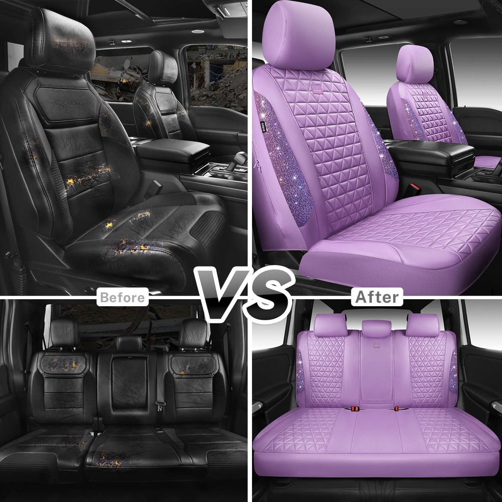 CAR PASS Light Purple Bling Diamond Leather Car Seat Covers Full Sets, Waterp...