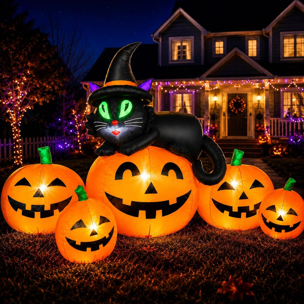 5FT 6 LED Halloween Inflatable Pumpkins Witch Black Cat Outdoor Yard Decor