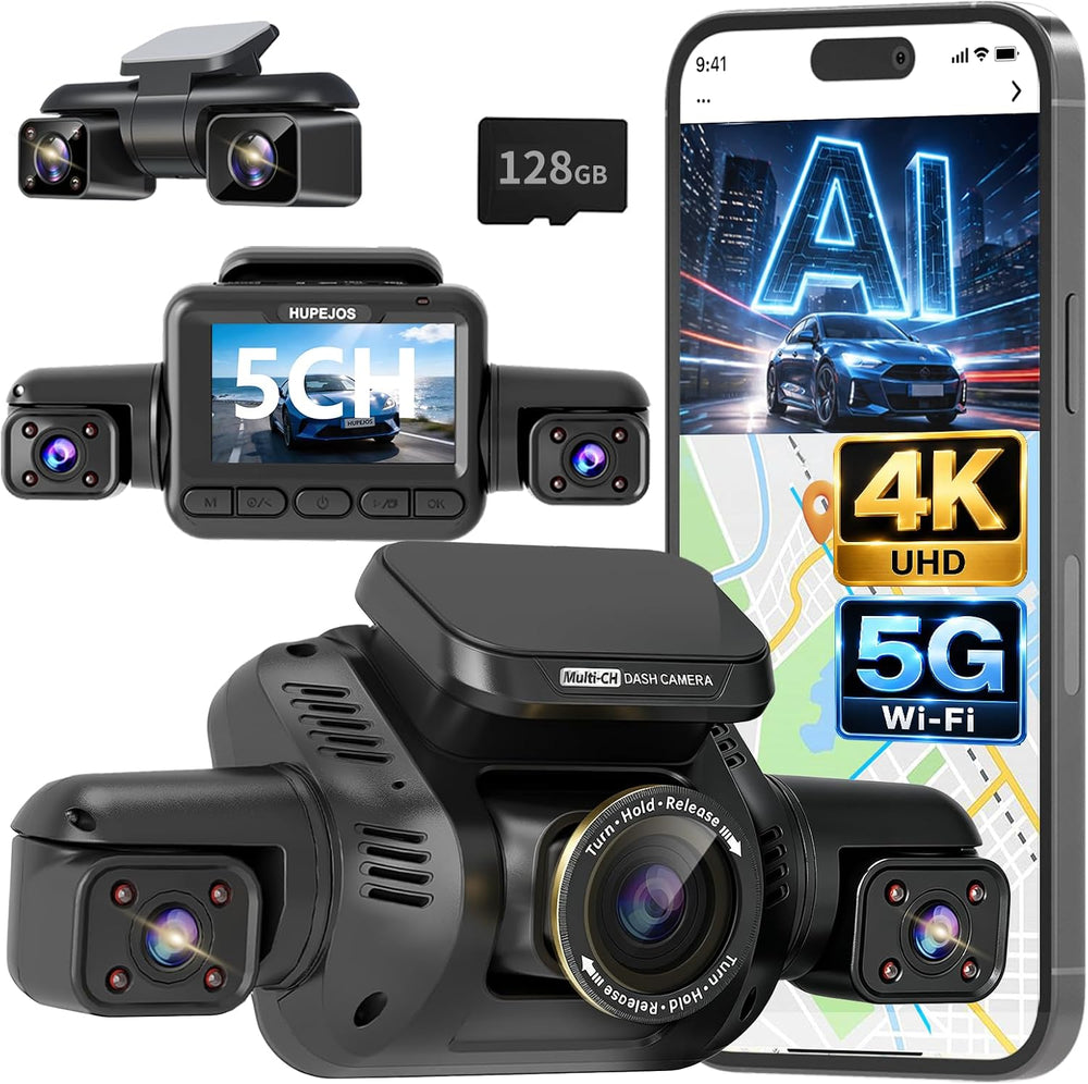 360° View 5 Channel Dash Cam Front and Rear, 4K Camera for Car