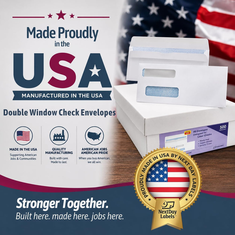 NextDayLabels #9 Double Window Check Envelopes, Made in USA, 500 Pack