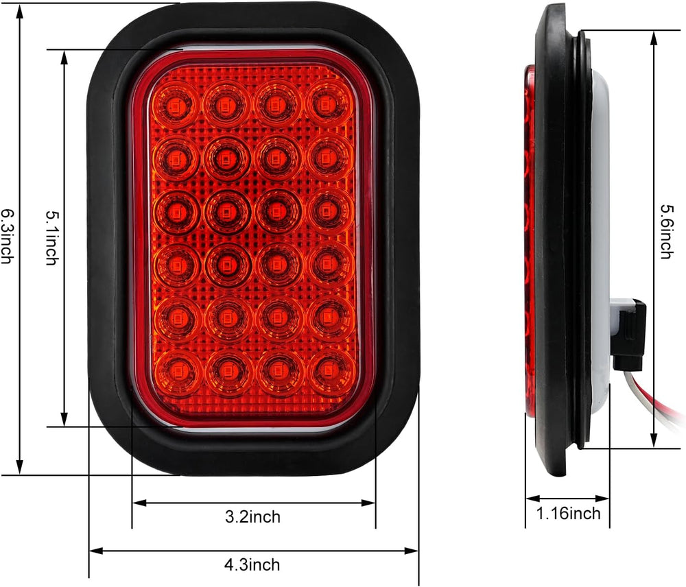 6PCS 5x3 Inch 24 LED 4 Red Stop/Turn/Tail/Lights 2 White Backup Reverse Light...