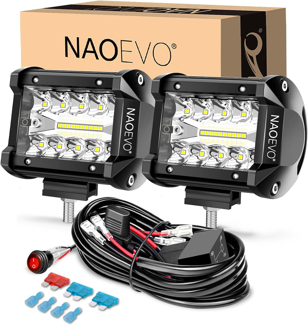 NAOEVO 4 Inch LED Pod Lights, White Fog Lights with 2-Lead Wiring Harness