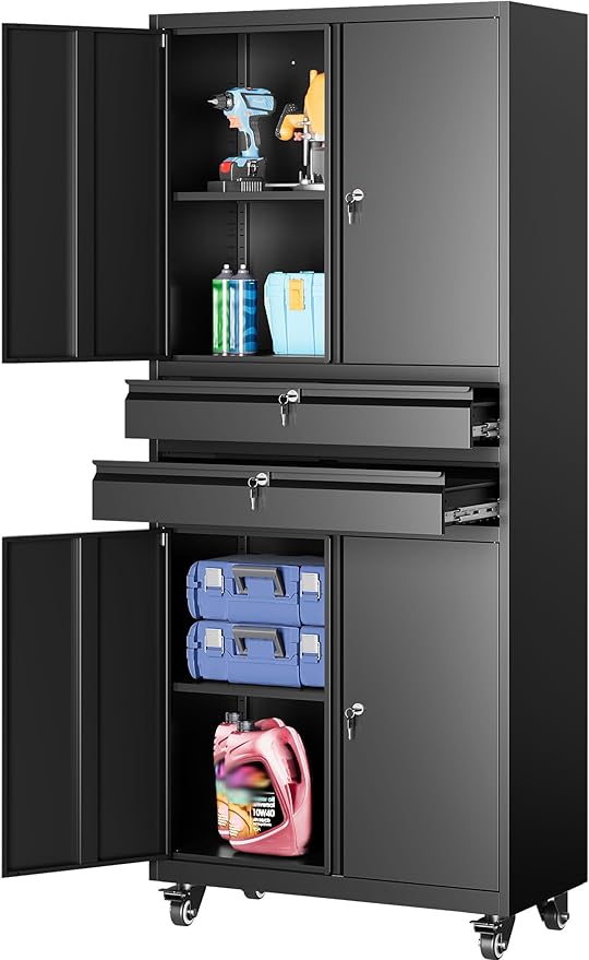 Metal Storage Cabinet with Wheels and Drawers, Rolling Garage Storage Cabinet