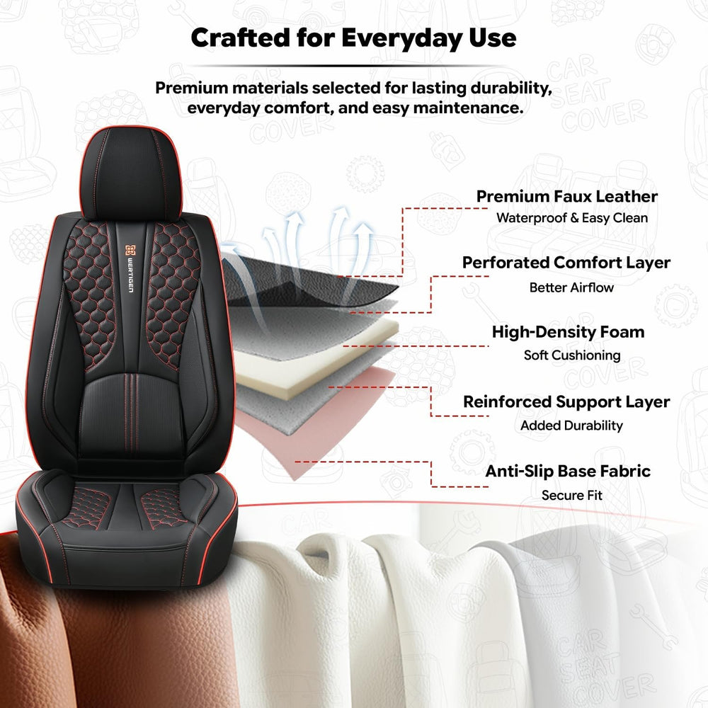Black and Red Leather Car Seat Cover Set, with Lumbar Support