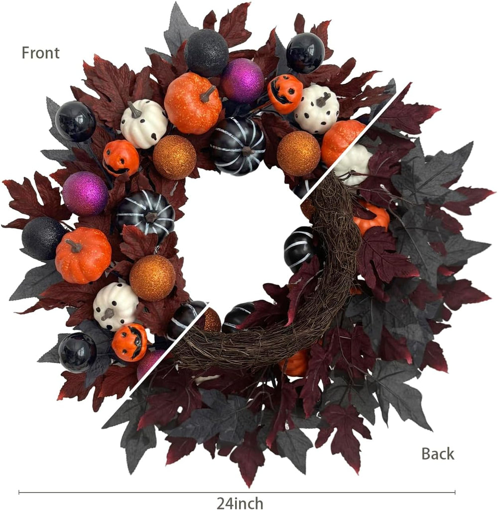 Halloween Ball Wreath for Front Door, 24" Pumpkin Fall Door Wreath