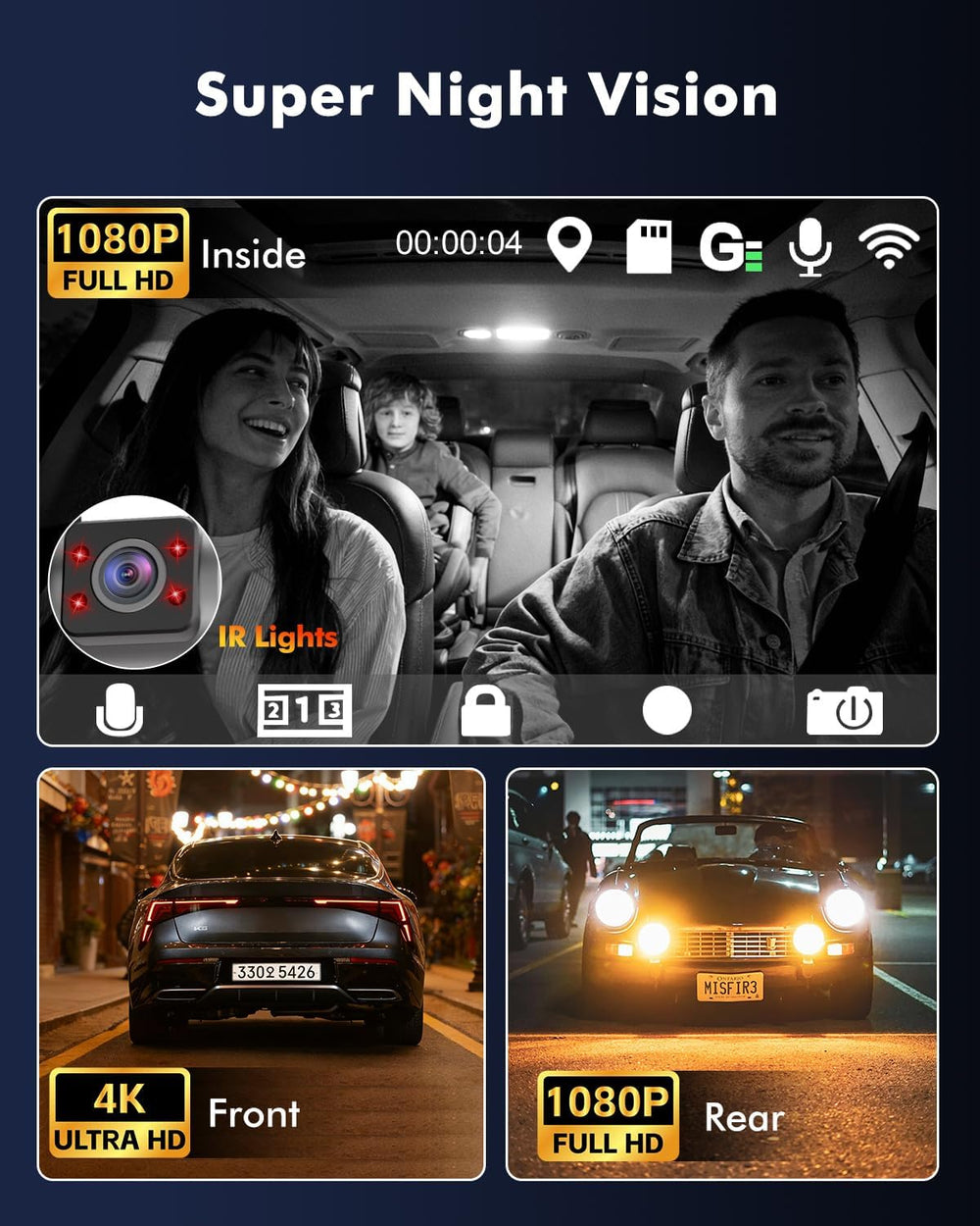 4K Dash Cam Front Rear Inside, 3 Channel Dashcam with WiFi 6 & GPS