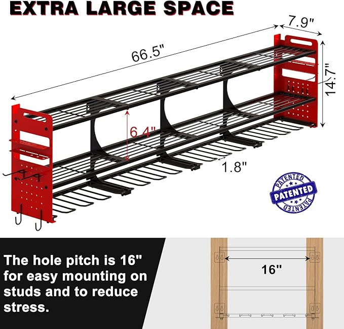 64" Power Tool Organizer Wall Mount, 16 Slots, 3-Tier Drill & Cordle...