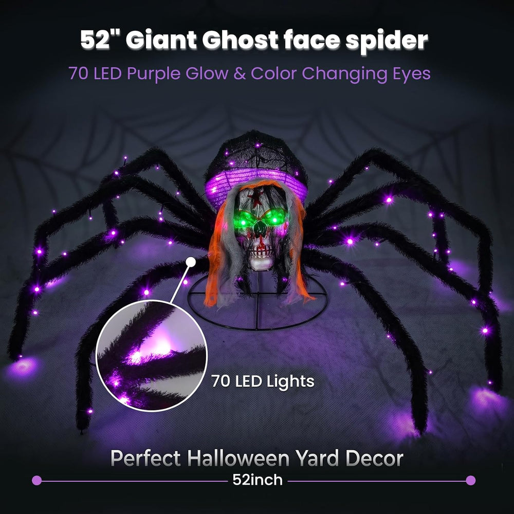 52" Halloween Giant Skull Face Spider, Lighted Outdoor Decoration with F...