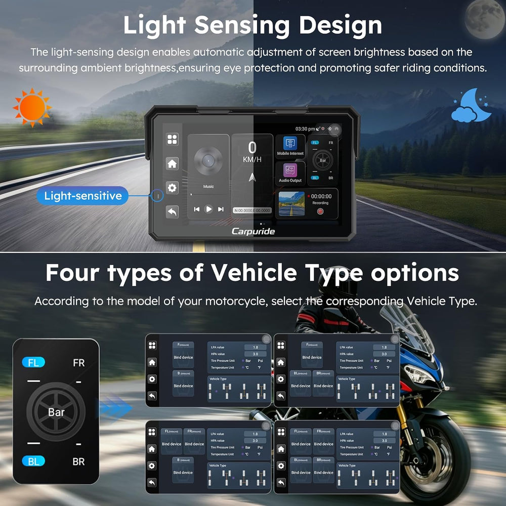 Carpuride W702 Plus 7" Motorcycle CarPlay Android Auto Android 14 Dash Cam