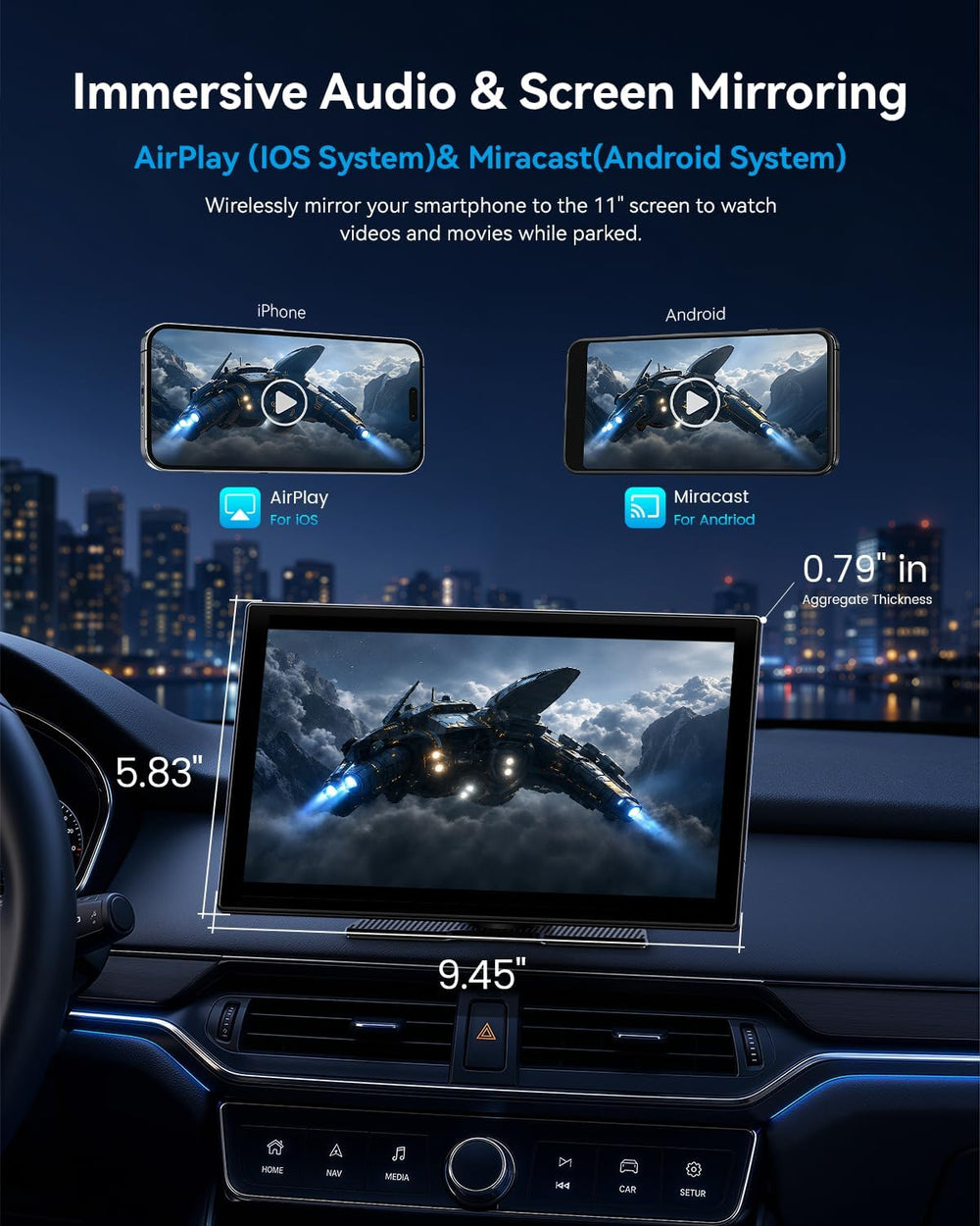 11'' Wireless CarPlay Screen with 4K Dash Cam, HD Touchscreen