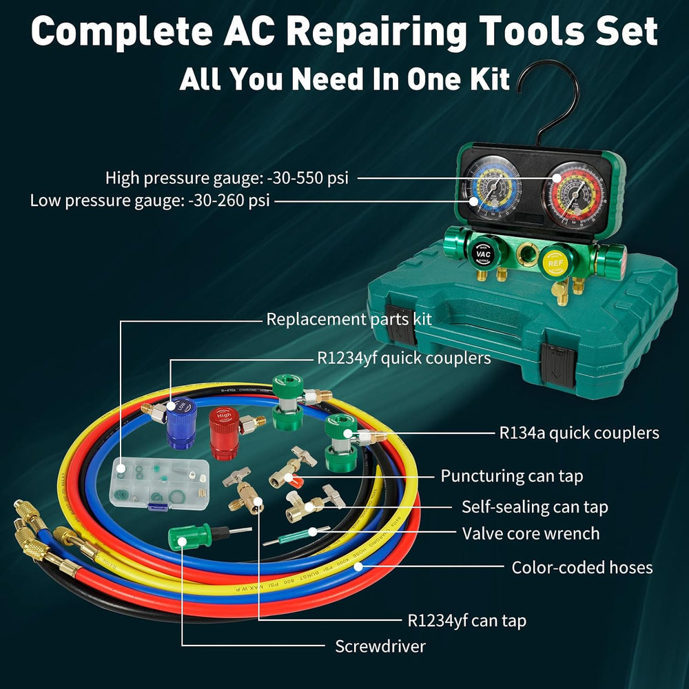PB Motor Tech 4 Way AC Gauge Set for R1234yf R134a R404a with Case, Green