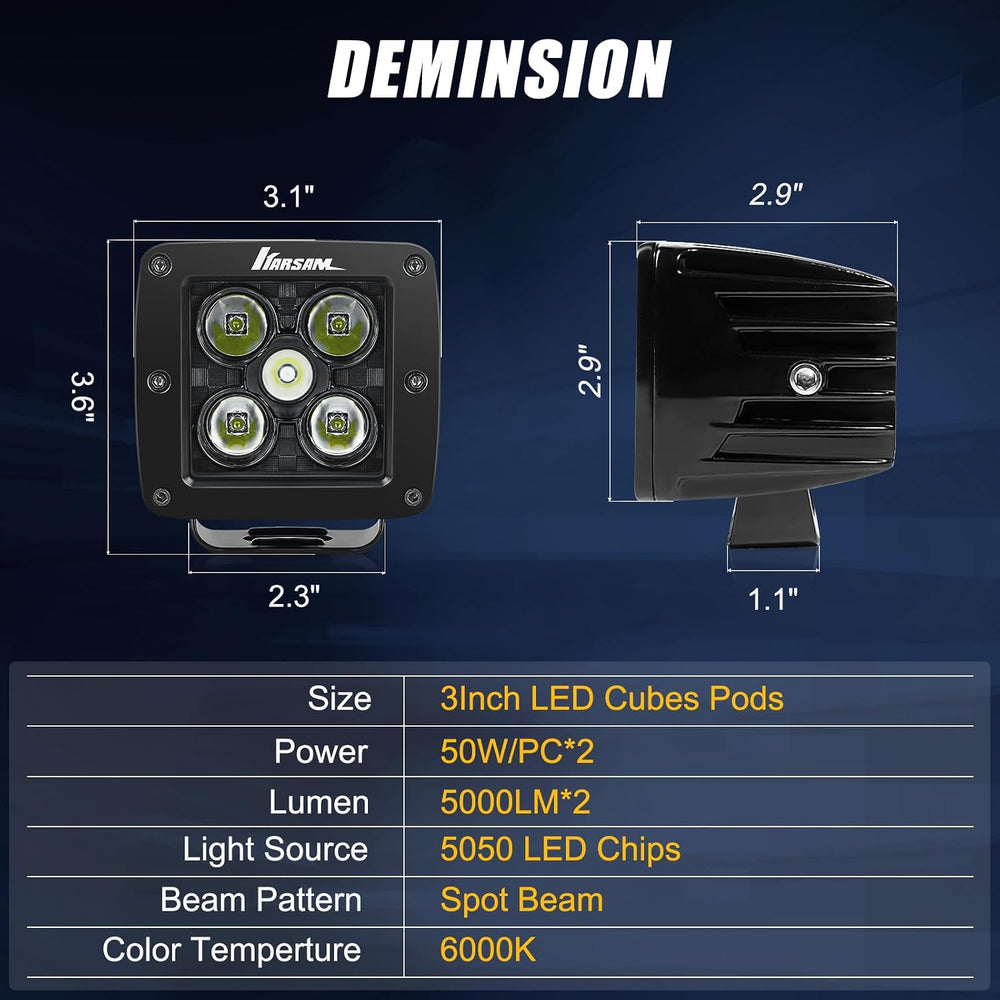 3" LED Cube Lights with Adjustable Bracket 2PCS, 50W White LED Cube Pods...
