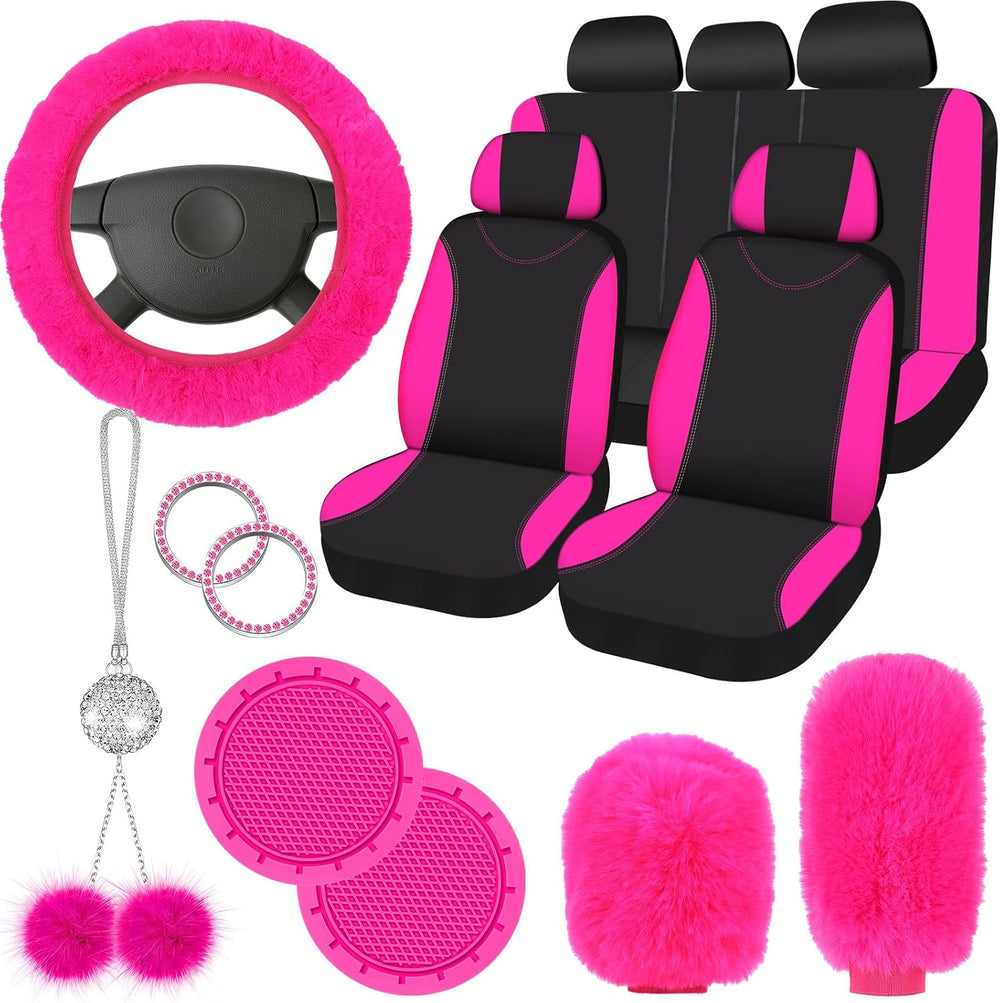 17 Pcs Car Seat Cover Full Set for Women Fluffy Fuzzy, Rose Red Black