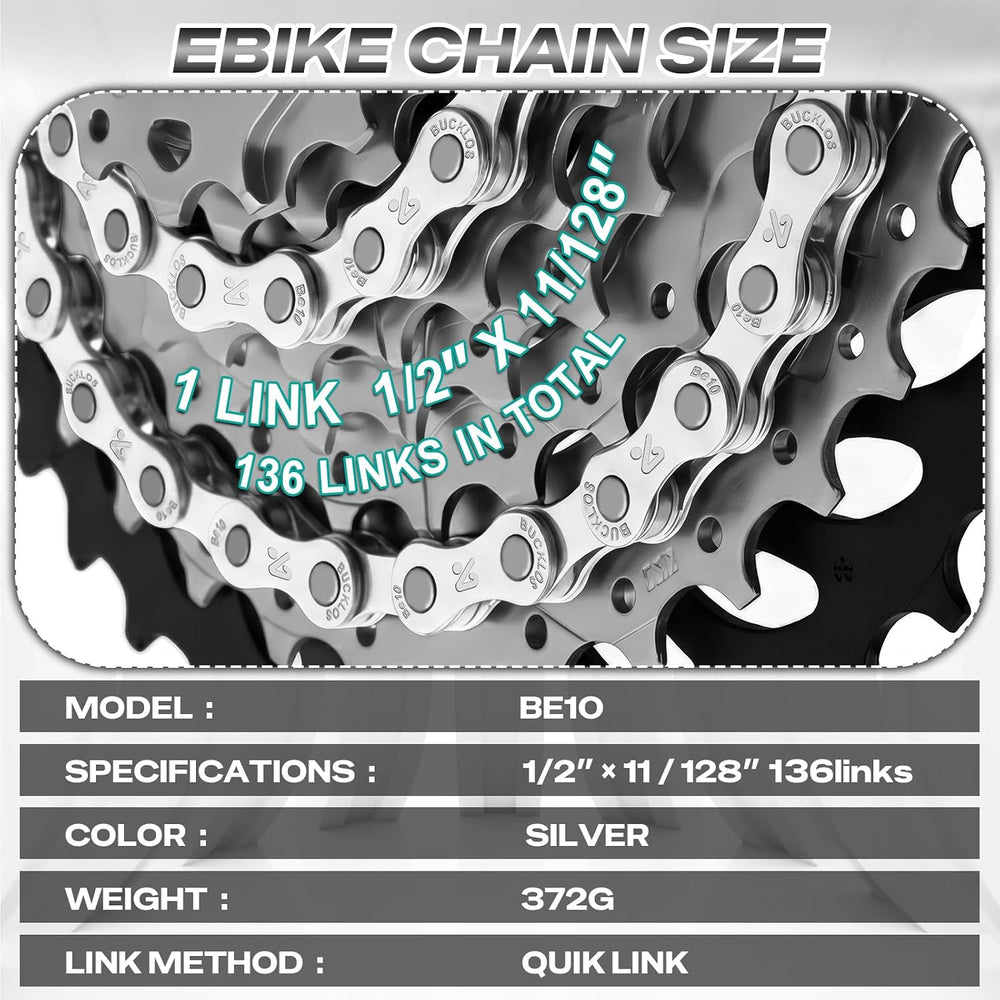 BUCKLOS 10 Speed Ebike Chain Heavy Duty 136 Links for e-Bike MTB Silver