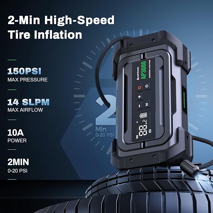 Jump Starter with Air Compressor, 3000A Portable Car Jump Starter with 150PSI