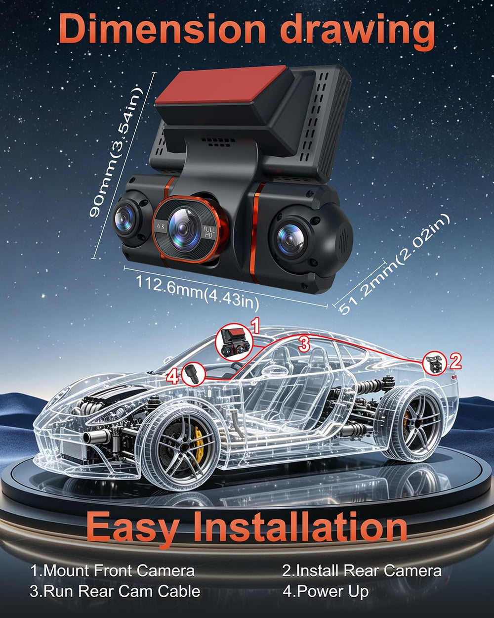 4K+1080P*3 FHD Dash Cam Front and Rear, 360° Car Camera, 5.8GHz WiFi 20MB/s