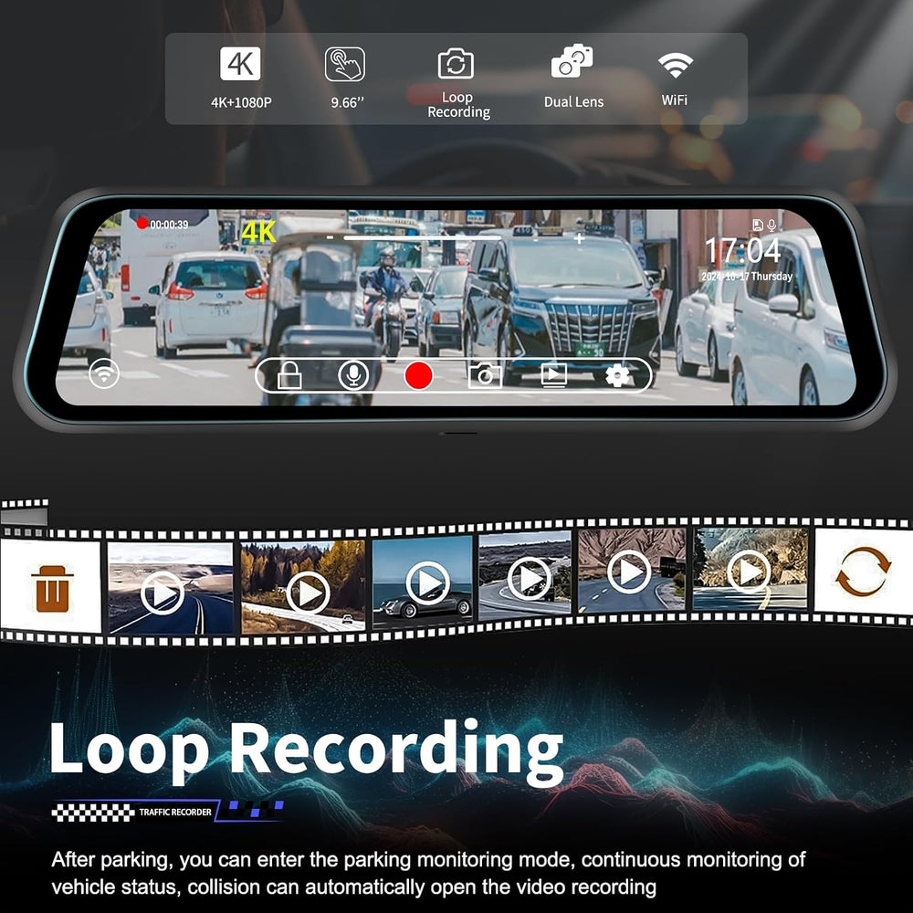CAMECHO 4K Mirror Dash Cam Front and Rear, WiFi Rear View Mirror Camera, 9.66...