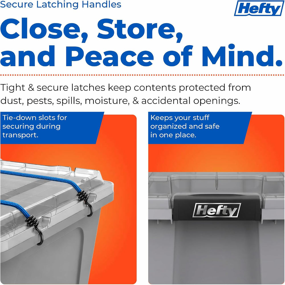 Hefty MAX Pro 12 Gal Storage Bins with Clear Lids, Stackable, 6 Pack, Grey