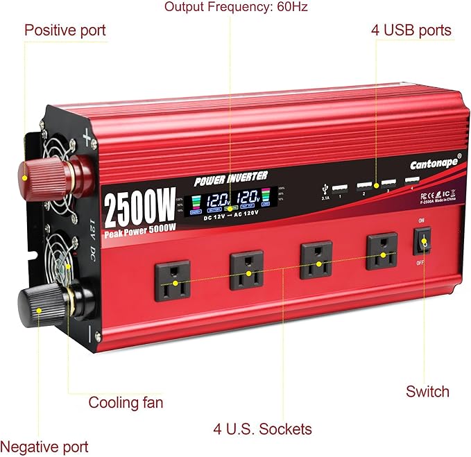 2500W Power Inverter 12V to 110V/120V DC to AC