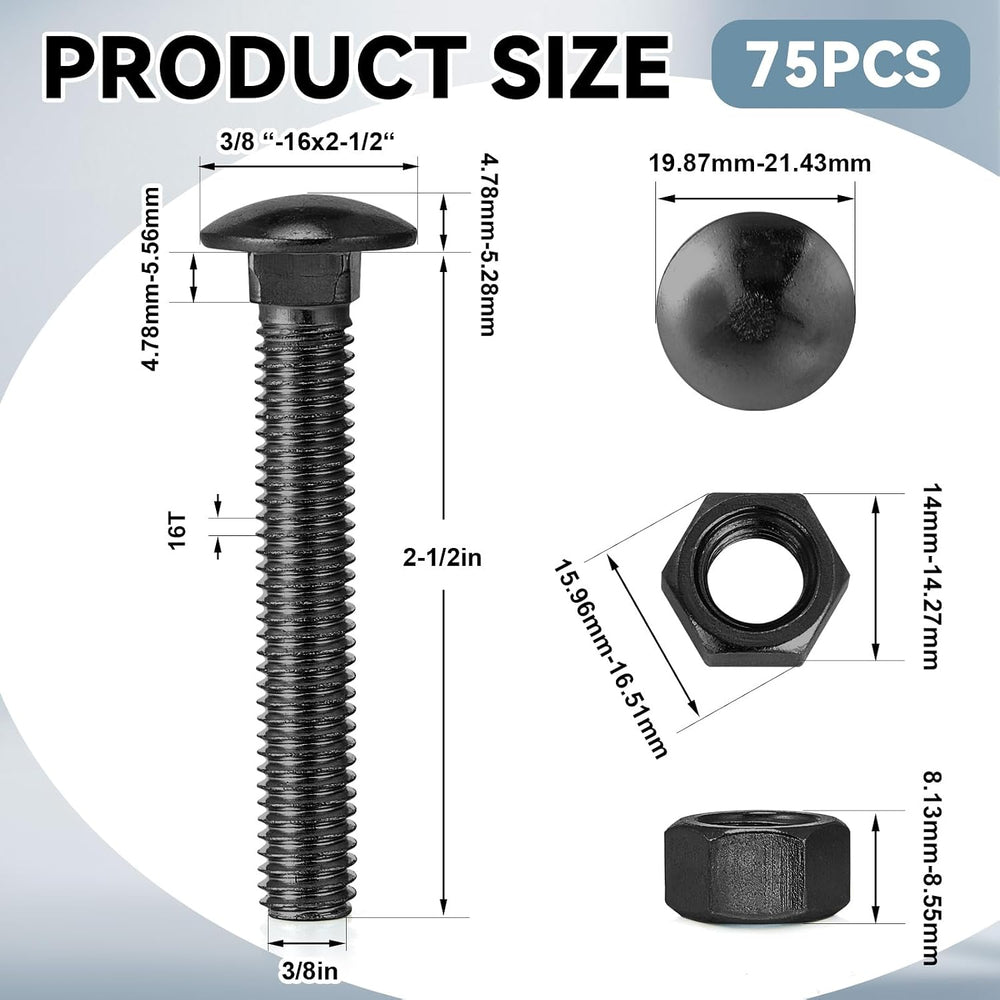 Yaocom 75 Pack Carriage Bolts with Nuts 3/8-16 x 2-1/2 Inch, Black