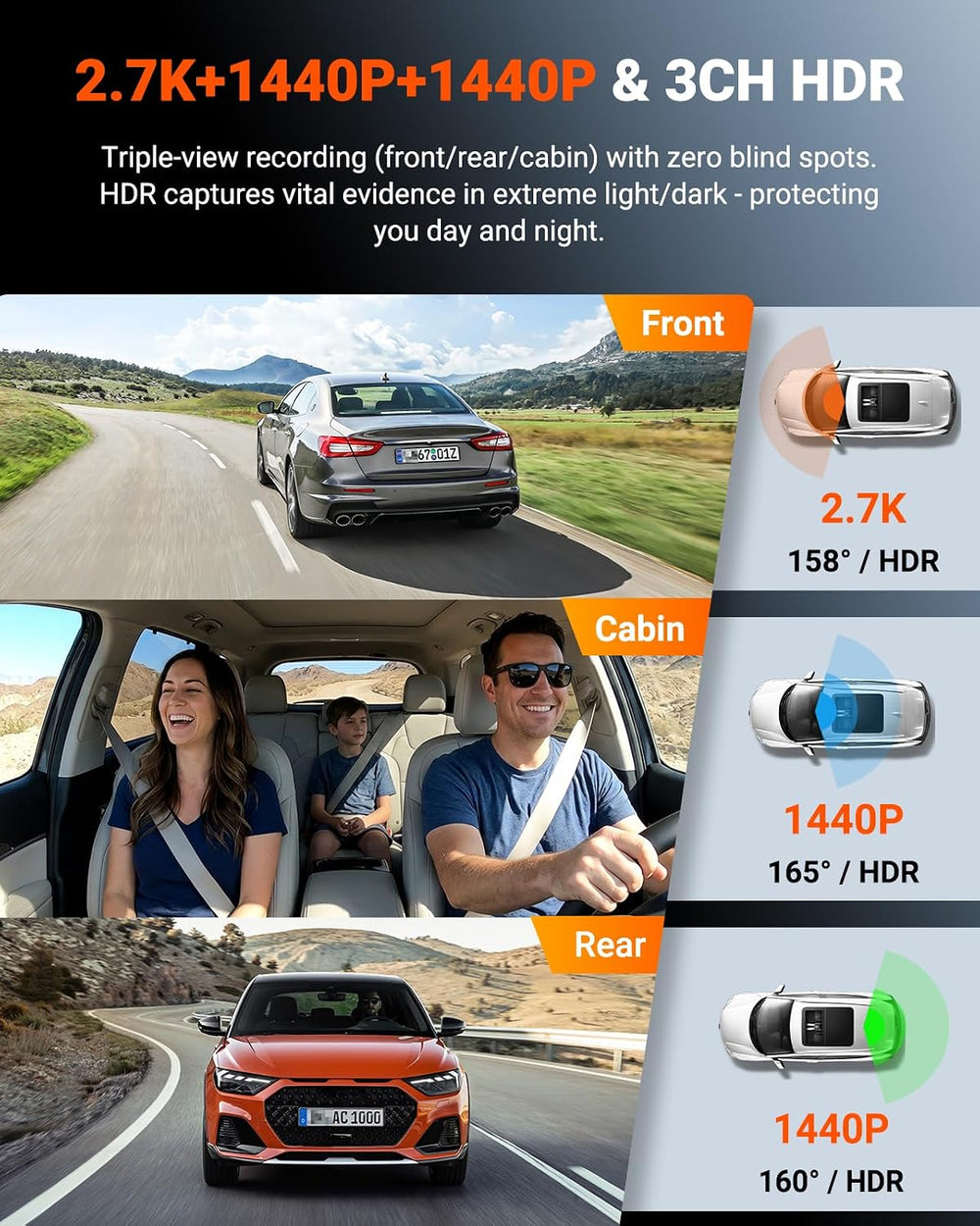 Vantrue N4S 3 Channel Dash Cam Front and Rear Inside