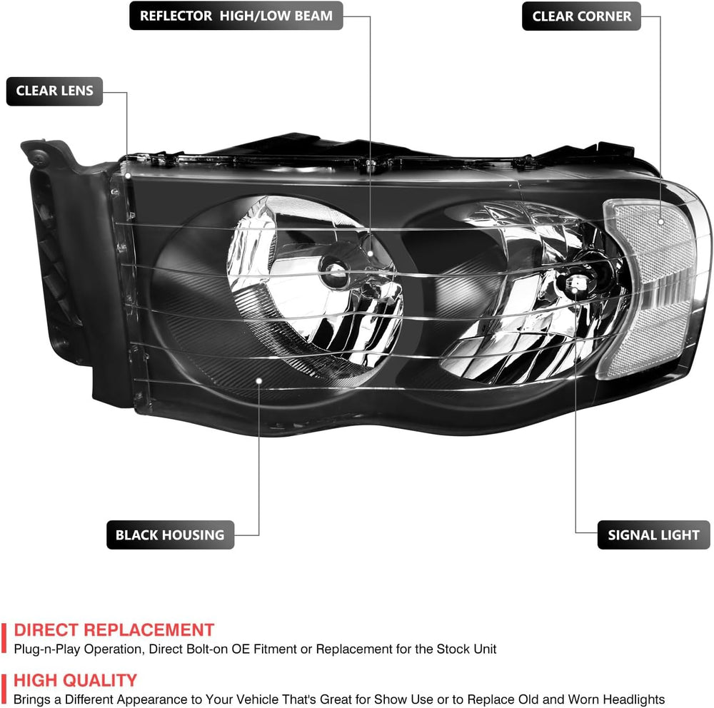 DNA MOTORING Pair Headlights Compatible with 02-05 Dodge Ram 1500 2500 3500, ...