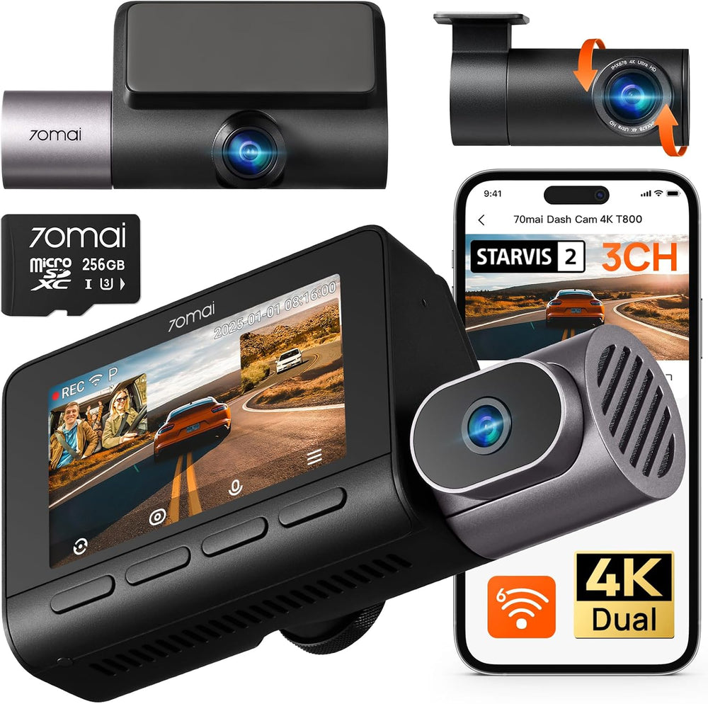 70mai 4K T800 3 Channel Dash Cam, Dash Cam Front and Rear Inside(2160P+2160P+...