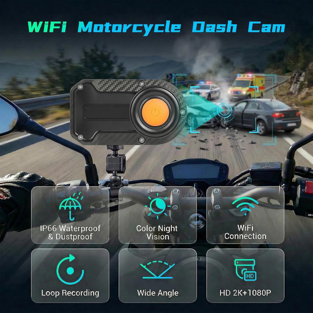 NHOPEEW Motorcycle Dash Cam 1080P/2K HD WiFi Mini Screenless Motorbike Drivin...