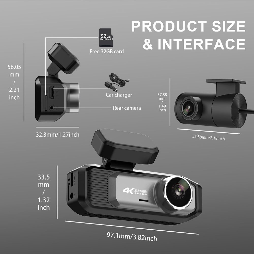 4K+4K Dash Cam Front and Rear, 5.8GHz WiFi 6, Night Vision, Free 32GB Card