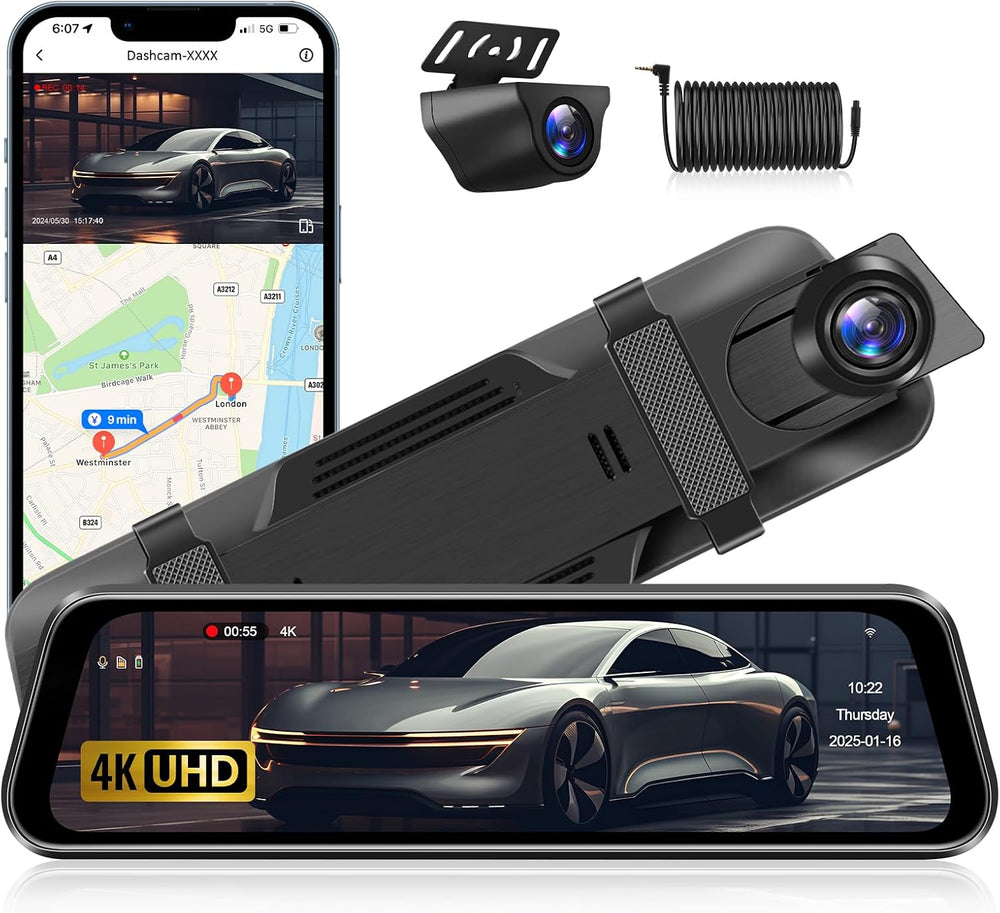 4K WiFi Rear View Mirror Camera 10’’ Mirror Dash Cam Front and Rear