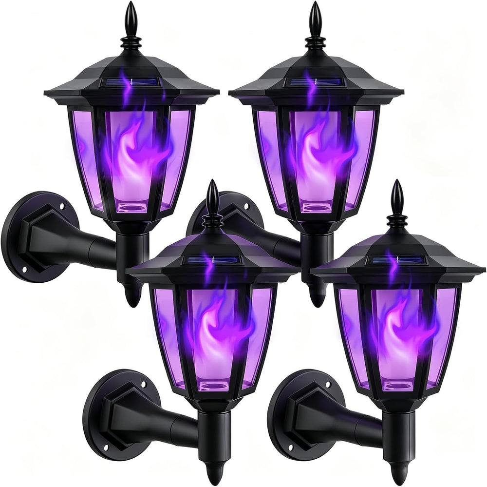 4 Pack Solar Flame Wall Lanterns Outdoor, Halloween Solar Powered Wall Mounte...