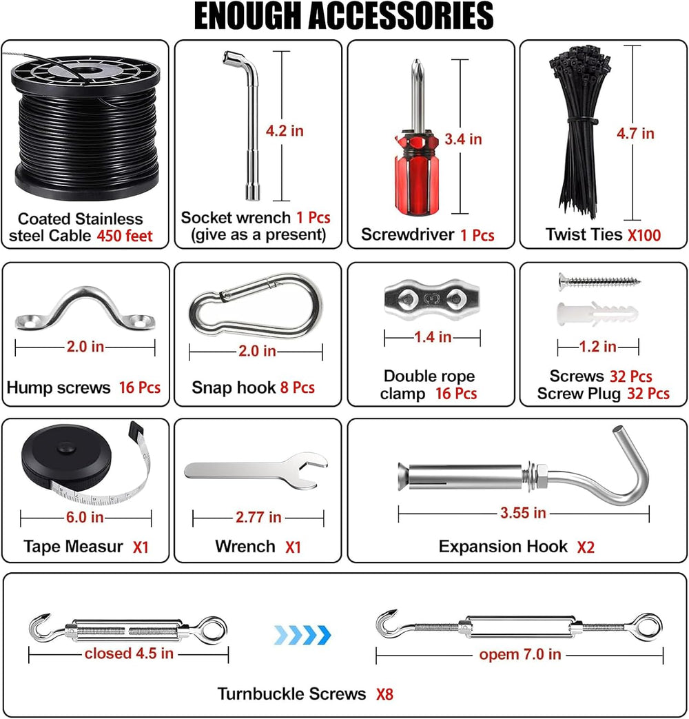 String Light Hanging Kits, 450FT Coated Stainless Steel 304 Wire Rope, Outdoo...