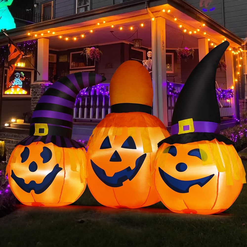 GOOSH 6 FT Halloween Inflatables Outdoor Pumpkin Combo with Wizard hat Blow U...