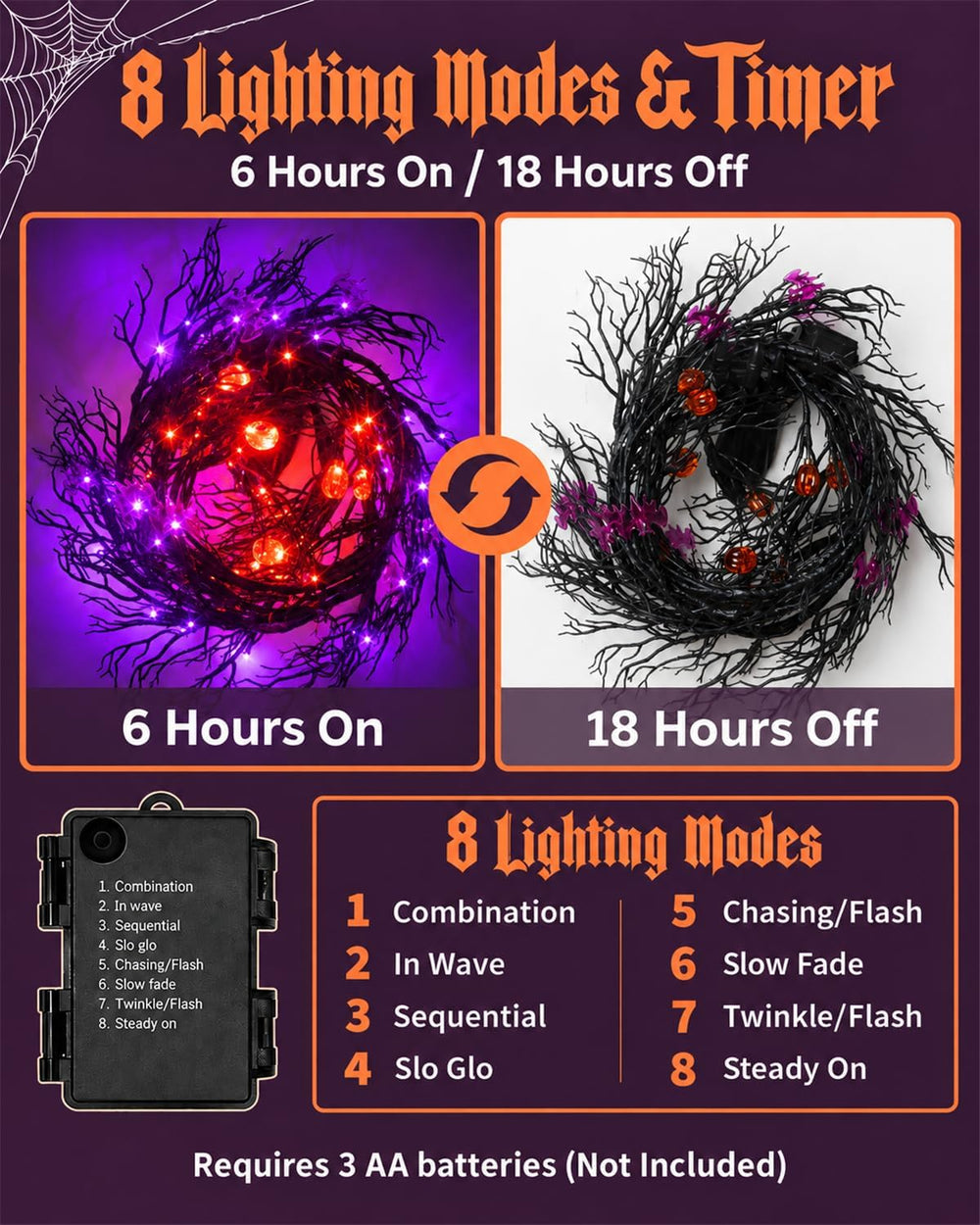Halloween Twig Garland Decoration with 66 Purple and Orange LED Lights,9 FT