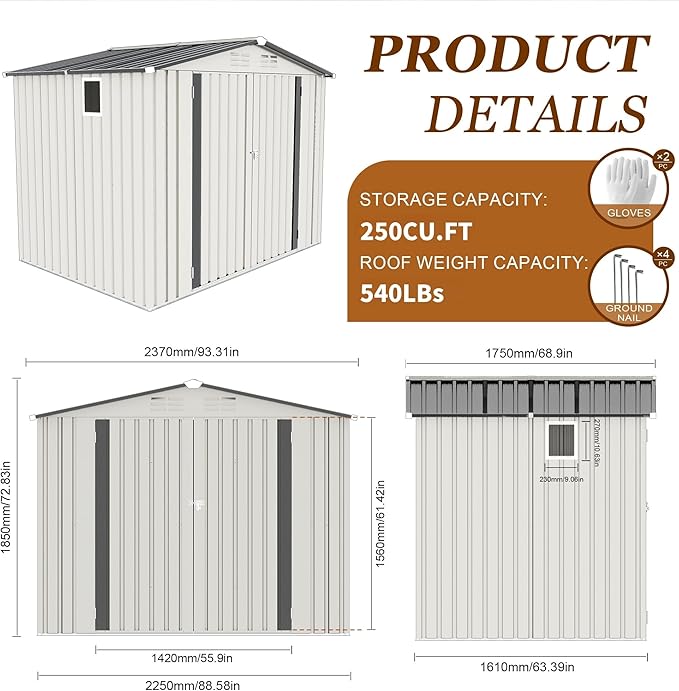 8x5.7x6FT Storage Shed, Outdoor Galvanized Steel Garden Shed