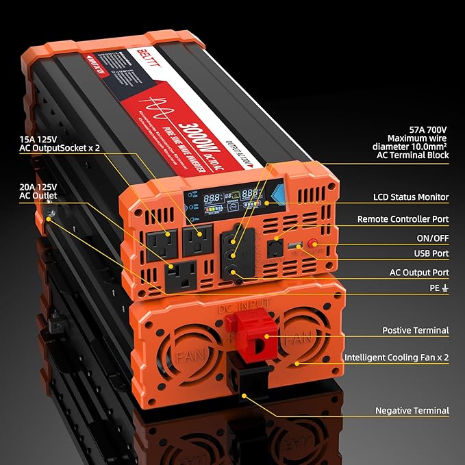 BELTTT 3000W Pure Sine Wave Inverter 12V DC to 120V AC