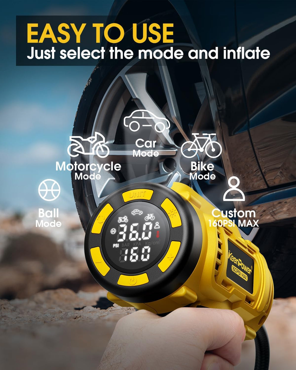 Cordless Tire Inflator Portable Air Compressor, 160PSI Car Tire Air Pump, 21V...
