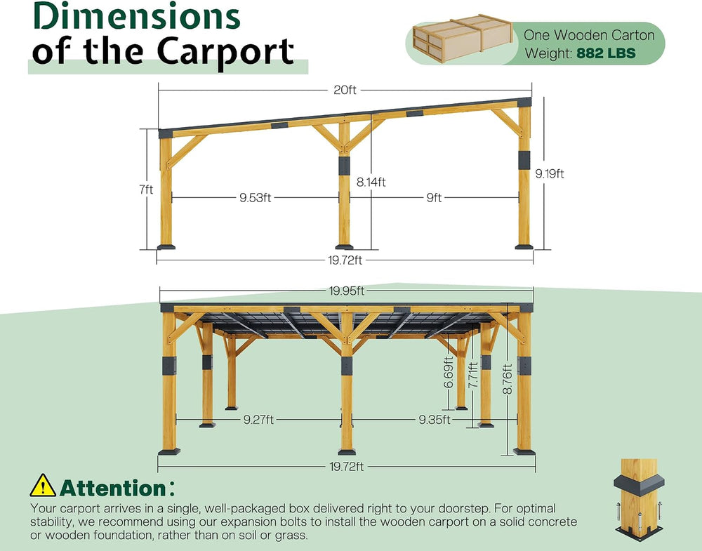 Jocisland 20x20x9.2 FT Heavy Duty Cedar Wood Carport for 2 Cars