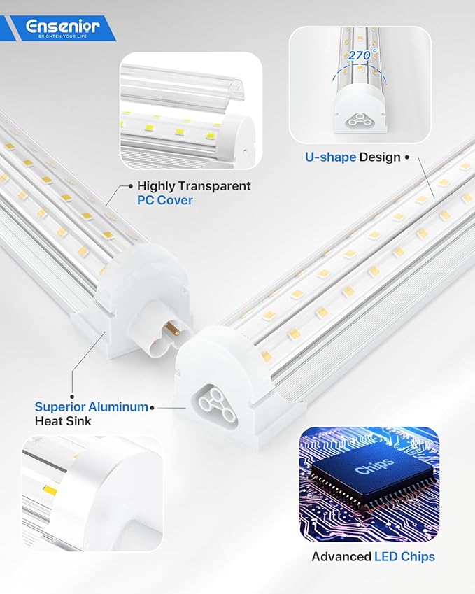 Ensenior 6 Pack 4 FT Led Shop Lights, 6000K Clear White, 5000LM Super Bright