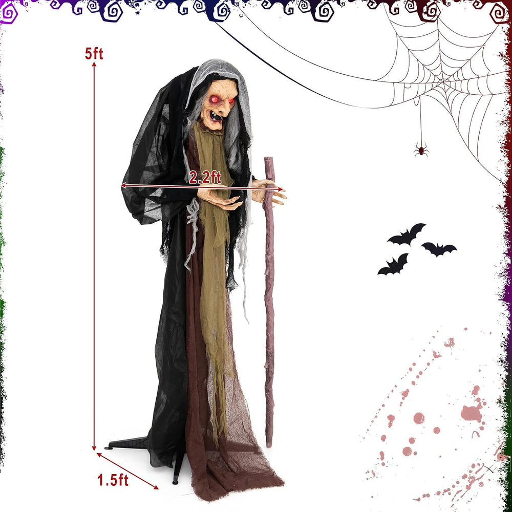 Tangkula 5 FT Halloween Animated Standing Hunchback Witch Holding Cane