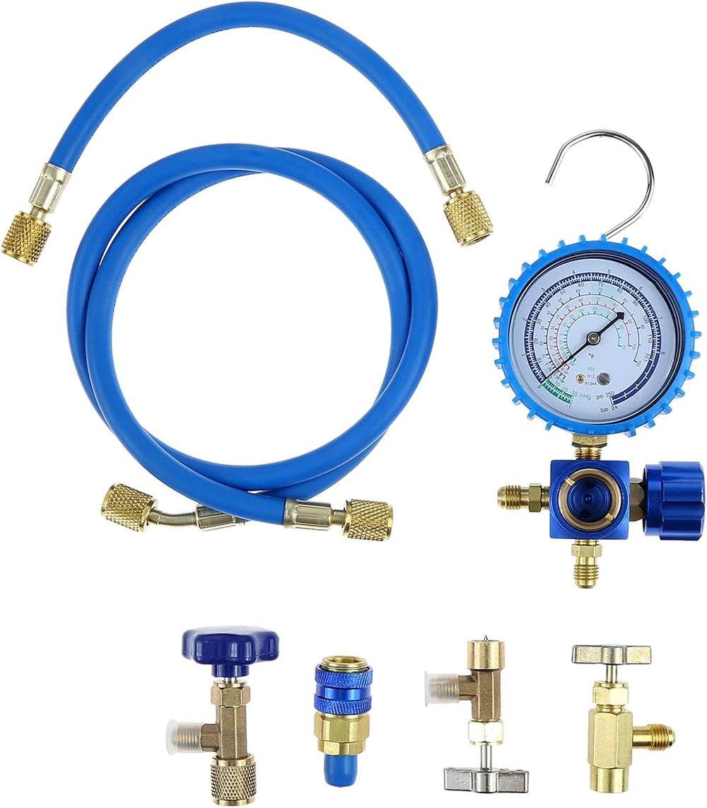 R134A AC Refrigerant Recharge Kit Single Gauge w/ 3 Brass Can Taps Coupler