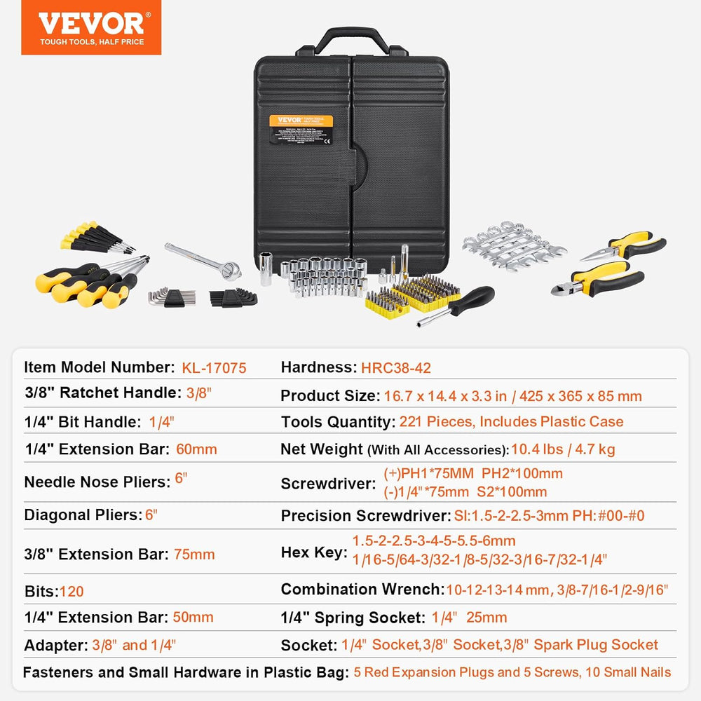 VEVOR Mechanics Tool Set 221Pieces - 1/4" and 3/8" Drive Sockets - ...