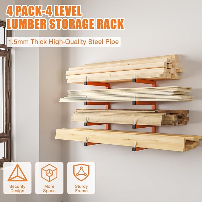 4-Pack Lumber Storage Rack, Wood Storage Racks Wall Mount, Heavy Duty Garage