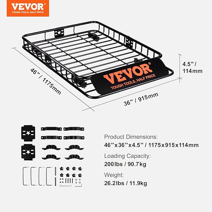 VEVOR Roof Rack Cargo Basket, Heavy-Duty 200 LBS Capacity Universal Roof Rack