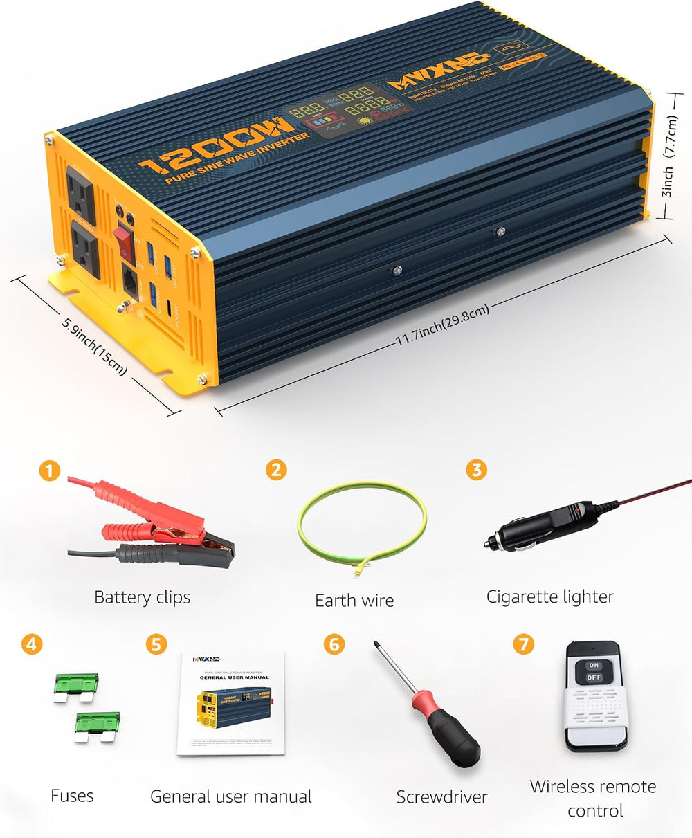 1200 Watt Pure Sine Wave Power Inverter DC 12V to 110V AC Converter with Dual...